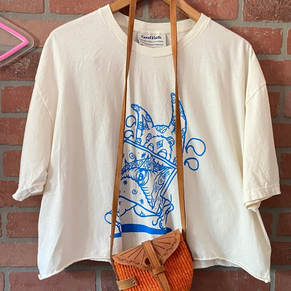 GOOD FAITH 🤩 Graphic Cream Crop T-Shirt with Blue Graphic